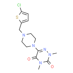 ChemSpider 2D Image | 6-{4-[(5-Chloro-2-thienyl)methyl]-1-piperazinyl}-2,4-dimethyl-1,2,4-triazine-3,5(2H,4H)-dione | C14H18ClN5O2S