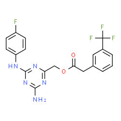 ChemSpider 2D Image | {4-Amino-6-[(4-fluorophenyl)amino]-1,3,5-triazin-2-yl}methyl [3-(trifluoromethyl)phenyl]acetate | C19H15F4N5O2