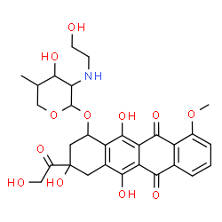 ChemSpider 2D Image | 3-Glycoloyl-3,5,12-trihydroxy-10-methoxy-6,11-dioxo-1,2,3,4,6,11-hexahydro-1-tetracenyl 2,4-dideoxy-2-[(2-hydroxyethyl)amino]-4-methylpentopyranoside | C29H33NO12