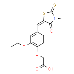 ChemSpider 2D Image | {2-Ethoxy-4-[(E)-(3-methyl-4-oxo-2-thioxo-1,3-thiazolidin-5-ylidene)methyl]phenoxy}acetic acid | C15H15NO5S2