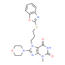 ChemSpider 2D Image | 7-[3-(1,3-Benzoxazol-2-ylsulfanyl)propyl]-3-methyl-8-(4-morpholinyl)-3,7-dihydro-1H-purine-2,6-dione | C20H22N6O4S