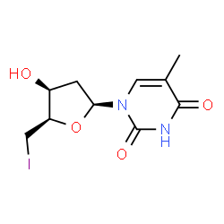 ChemSpider 2D Image | 1-(2,5-Dideoxy-5-iodo-beta-L-threo-pentofuranosyl)-5-methyl-2,4(1H,3H)-pyrimidinedione | C10H13IN2O4