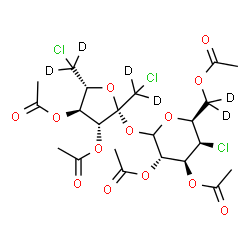 ChemSpider 2D Image | 3,4-Di-O-acetyl-1,6-dichloro-1,6-dideoxy-beta-L-(1,1,6,6-~2~H_4_)fructofuranosyl 2,3,6-tri-O-acetyl-4-chloro-4-deoxy-L-(C~6~,C~6~-~2~H_2_)galactopyranoside | C22H23D6Cl3O13