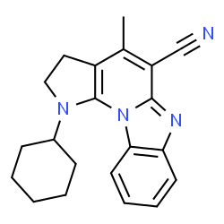 ChemSpider 2D Image | 1-Cyclohexyl-4-methyl-2,3-dihydro-1H-pyrrolo[3',2':5,6]pyrido[1,2-a]benzimidazole-5-carbonitrile | C21H22N4