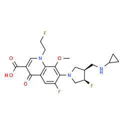 ChemSpider 2D Image | 7-{(3R,4R)-3-[(Cyclopropylamino)methyl]-4-fluoro-1-pyrrolidinyl}-6-fluoro-1-(2-fluoroethyl)-8-methoxy-4-oxo-1,4-dihydro-3-quinolinecarboxylic acid | C21H24F3N3O4