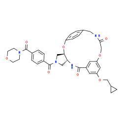 ChemSpider 2D Image | (3R,7R)-12-(Cyclopropylmethoxy)-5-[4-(4-morpholinylcarbonyl)benzoyl]-2,15-dioxa-5,8,18-triazatetracyclo[18.2.2.1~10,14~.0~3,7~]pentacosa-1(22),10(25),11,13,20,23-hexaene-9,17-dione | C36H38N4O8