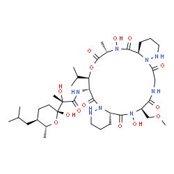 ChemSpider 2D Image | (2S)-N-[(4aS,7R,16aR,19S,22R,23R)-6,18-Dihydroxy-22-isopropyl-7-(methoxymethyl)-19-methyl-5,8,11,17,20,24-hexaoxodocosahydro-13H,22H-dipyridazino[6,1-f:6',1'-o][1,4,7,10,13,16]oxapentaazacyclononadeci
n-23-yl]-2-hydroxy-2-[(2R,5R,6R)-2-hydroxy-5-isobutyl-6-methyltetrahydro-2H-pyran-2-yl]propanamide | C38H64N8O14