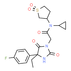 ChemSpider 2D Image | N-Cyclopropyl-N-(1,1-dioxidotetrahydro-3-thiophenyl)-2-[4-ethyl-4-(4-fluorophenyl)-2,5-dioxo-1-imidazolidinyl]acetamide | C20H24FN3O5S