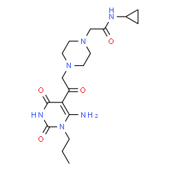 ChemSpider 2D Image | 2-{4-[2-(6-Amino-2,4-dioxo-1-propyl-1,2,3,4-tetrahydro-5-pyrimidinyl)-2-oxoethyl]-1-piperazinyl}-N-cyclopropylacetamide | C18H28N6O4