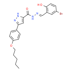 ChemSpider 2D Image | N'-[(E)-(5-Bromo-2-hydroxyphenyl)methylene]-3-[4-(pentyloxy)phenyl]-1H-pyrazole-5-carbohydrazide | C22H23BrN4O3