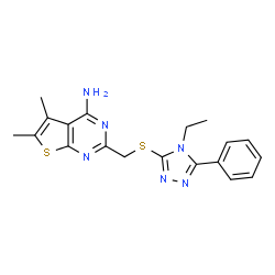 ChemSpider 2D Image | 2-{[(4-Ethyl-5-phenyl-4H-1,2,4-triazol-3-yl)sulfanyl]methyl}-5,6-dimethylthieno[2,3-d]pyrimidin-4-amine | C19H20N6S2
