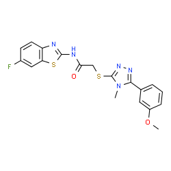 ChemSpider 2D Image | N-(6-Fluoro-1,3-benzothiazol-2-yl)-2-{[5-(3-methoxyphenyl)-4-methyl-4H-1,2,4-triazol-3-yl]sulfanyl}acetamide | C19H16FN5O2S2