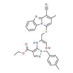 ChemSpider 2D Image | Ethyl 5-({(1Z)-3-[(4-cyano-3-methylpyrido[1,2-a]benzimidazol-1-yl)sulfanyl]-1-hydroxy-1-propen-2-yl}amino)-1-(4-methylbenzyl)-1H-pyrazole-4-carboxylate | C30H28N6O3S