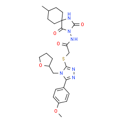ChemSpider 2D Image | 2-{[5-(4-Methoxyphenyl)-4-(tetrahydro-2-furanylmethyl)-4H-1,2,4-triazol-3-yl]sulfanyl}-N-(8-methyl-2,4-dioxo-1,3-diazaspiro[4.5]dec-3-yl)acetamide | C25H32N6O5S