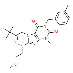 ChemSpider 2D Image | 1-(2-Methoxyethyl)-9-methyl-7-(3-methylbenzyl)-3-(2-methyl-2-propanyl)-1,4-dihydro[1,2,4]triazino[3,4-f]purine-6,8(7H,9H)-dione | C23H30N6O3
