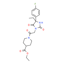 ChemSpider 2D Image | Ethyl 1-{[4-ethyl-4-(4-fluorophenyl)-2,5-dioxo-1-imidazolidinyl]acetyl}-4-piperidinecarboxylate | C21H26FN3O5