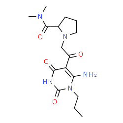 ChemSpider 2D Image | 1-[2-(6-Amino-2,4-dioxo-1-propyl-1,2,3,4-tetrahydro-5-pyrimidinyl)-2-oxoethyl]-N,N-dimethylprolinamide | C16H25N5O4