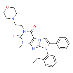 ChemSpider 2D Image | 8-(2-Ethylphenyl)-1-methyl-3-[2-(4-morpholinyl)ethyl]-7-phenyl-1H-imidazo[2,1-f]purine-2,4(3H,8H)-dione | C28H30N6O3