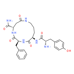 ChemSpider 2D Image | (2S,5S,12R)-2-Benzyl-3,7,13-trioxo-12-(L-tyrosylamino)-1,4,8-triazacyclotridecane-5-carboxamide | C27H34N6O6