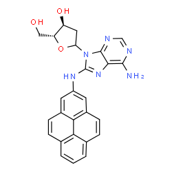 ChemSpider 2D Image | 9-(2-Deoxy-D-erythro-pentofuranosyl)-N~8~-(2-pyrenyl)-9H-purine-6,8-diamine | C26H22N6O3
