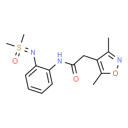ChemSpider 2D Image | 2-(3,5-Dimethyl-1,2-oxazol-4-yl)-N-(2-{[dimethyl(oxido)-lambda~6~-sulfanylidene]amino}phenyl)acetamide | C15H19N3O3S