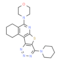 ChemSpider 2D Image | 5-(4-Morpholinyl)-8-(1-piperidinyl)-1,2,3,4-tetrahydro[1,2,3]triazino[4',5':4,5]thieno[2,3-c]isoquinoline | C21H26N6OS