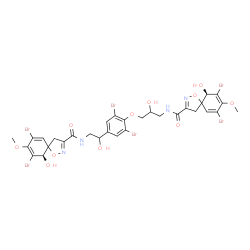 ChemSpider 2D Image | (10R)-7,9-Dibromo-N-(3-{2,6-dibromo-4-[2-({[(10R)-7,9-dibromo-10-hydroxy-8-methoxy-1-oxa-2-azaspiro[4.5]deca-2,6,8-trien-3-yl]carbonyl}amino)-1-hydroxyethyl]phenoxy}-2-hydroxypropyl)-10-hydroxy-8-meth
oxy-1-oxa-2-azaspiro[4.5]deca-2,6,8-triene-3-carboxamide | C31H30Br6N4O11
