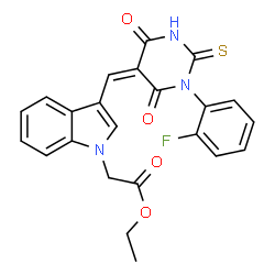 ChemSpider 2D Image | Ethyl (3-{(Z)-[1-(2-fluorophenyl)-4,6-dioxo-2-thioxotetrahydro-5(2H)-pyrimidinylidene]methyl}-1H-indol-1-yl)acetate | C23H18FN3O4S