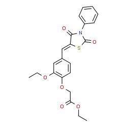 ChemSpider 2D Image | Ethyl {4-[(Z)-(2,4-dioxo-3-phenyl-1,3-thiazolidin-5-ylidene)methyl]-2-ethoxyphenoxy}acetate | C22H21NO6S