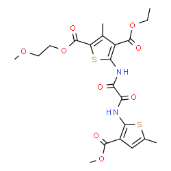 ChemSpider 2D Image | 4-Ethyl 2-(2-methoxyethyl) 5-{[{[3-(methoxycarbonyl)-5-methyl-2-thienyl]amino}(oxo)acetyl]amino}-3-methyl-2,4-thiophenedicarboxylate | C21H24N2O9S2