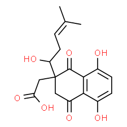 ChemSpider 2D Image | [5,8-Dihydroxy-2-(1-hydroxy-4-methyl-3-penten-1-yl)-1,4-dioxo-1,2,3,4-tetrahydro-2-naphthalenyl]acetic acid | C18H20O7