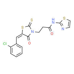 ChemSpider 2D Image | 3-[(5E)-5-(2-Chlorobenzylidene)-4-oxo-2-thioxo-1,3-thiazolidin-3-yl]-N-(1,3-thiazol-2-yl)propanamide | C16H12ClN3O2S3