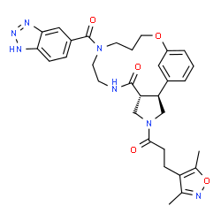 ChemSpider 2D Image | (2S,6R)-11-(1H-Benzotriazol-5-ylcarbonyl)-4-[3-(3,5-dimethyl-1,2-oxazol-4-yl)propanoyl]-15-oxa-4,8,11-triazatricyclo[14.3.1.0~2,6~]icosa-1(20),16,18-trien-7-one | C31H35N7O5
