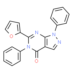 ChemSpider 2D Image | 6-(2-Furyl)-1,5-diphenyl-1,5-dihydro-4H-pyrazolo[3,4-d]pyrimidin-4-one | C21H14N4O2