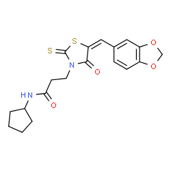 ChemSpider 2D Image | 3-[(5E)-5-(1,3-Benzodioxol-5-ylmethylene)-4-oxo-2-thioxo-1,3-thiazolidin-3-yl]-N-cyclopentylpropanamide | C19H20N2O4S2