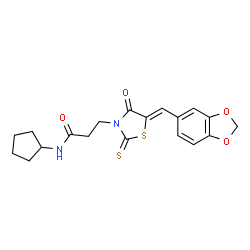 ChemSpider 2D Image | 3-[(5Z)-5-(1,3-Benzodioxol-5-ylmethylene)-4-oxo-2-thioxo-1,3-thiazolidin-3-yl]-N-cyclopentylpropanamide | C19H20N2O4S2