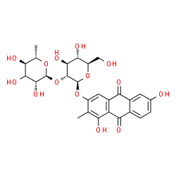 ChemSpider 2D Image | 4,7-Dihydroxy-3-methyl-9,10-dioxo-9,10-dihydro-2-anthracenyl 2-O-[(3xi)-6-deoxy-alpha-L-arabino-hexopyranosyl]-beta-D-glucopyranoside | C27H30O14