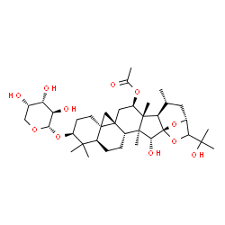 ChemSpider 2D Image | (1S,2R,3S,4R,7R,9S,12R,14R,16R,17R,18R,19R,21R)-9-(alpha-L-Arabinopyranosyloxy)-2-hydroxy-22-(2-hydroxy-2-propanyl)-3,8,8,17,19-pentamethyl-23,24-dioxaheptacyclo[19.2.1.0~1,18~.0~3,17~.0~4,14~.0~7,12~
.0~12,14~]tetracos-16-yl acetate | C37H58O11