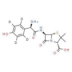 ChemSpider 2D Image | (2S,5S,6R)-6-({(2R)-2-Amino-2-[4-hydroxy(~2~H_4_)phenyl]acetyl}amino)-3,3-dimethyl-7-oxo-4-thia-1-azabicyclo[3.2.0]heptane-2-carboxylic acid | C16H15D4N3O5S