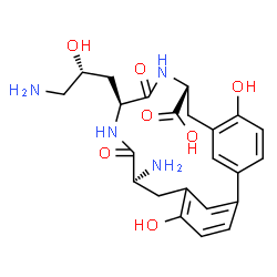 ChemSpider 2D Image | (8S,11S,14S)-14-Amino-11-[(2R)-3-amino-2-hydroxypropyl]-5,17-dihydroxy-10,13-dioxo-9,12-diazatricyclo[14.3.1.1~2,6~]henicosa-1(20),2(21),3,5,16,18-hexaene-8-carboxylic acid | C23H28N4O7