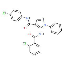 ChemSpider 2D Image | 5-[(2-Chlorobenzoyl)amino]-N-(4-chlorophenyl)-1-phenyl-1H-pyrazole-4-carboxamide | C23H16Cl2N4O2