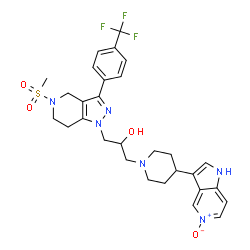 ChemSpider 2D Image | 1-{5-(Methylsulfonyl)-3-[4-(trifluoromethyl)phenyl]-4,5,6,7-tetrahydro-1H-pyrazolo[4,3-c]pyridin-1-yl}-3-[4-(5-oxido-1H-pyrrolo[3,2-c]pyridin-3-yl)-1-piperidinyl]-2-propanol | C29H33F3N6O4S