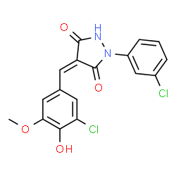 ChemSpider 2D Image | (4Z)-4-(3-Chloro-4-hydroxy-5-methoxybenzylidene)-1-(3-chlorophenyl)-3,5-pyrazolidinedione | C17H12Cl2N2O4