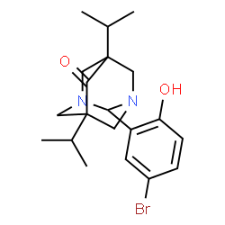 ChemSpider 2D Image | 2-(5-Bromo-2-hydroxyphenyl)-5,7-diisopropyl-1,3-diazatricyclo[3.3.1.1~3,7~]decan-6-one | C20H27BrN2O2
