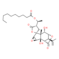 ChemSpider 2D Image | (1S)-1-[(1S,2R,3S,4'S,5R,6S,7R,8S,9R,12R)-2,8-Dihydroxy-12-isopropenyl-7-methyl-5',11-dioxodihydro-3'H-spiro[4,10-dioxatetracyclo[7.2.1.0~2,7~.0~3,5~]dodecane-6,2'-furan]-4'-yl]ethyl decanoate | C29H42O9
