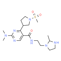 ChemSpider 2D Image | 2-(Dimethylamino)-N-[2-(2-methyl-1-imidazolidinyl)ethyl]-4-[1-(methylsulfonyl)-3-pyrrolidinyl]-5-pyrimidinecarboxamide | C18H31N7O3S