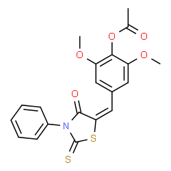 ChemSpider 2D Image | 2,6-Dimethoxy-4-[(E)-(4-oxo-3-phenyl-2-thioxo-1,3-thiazolidin-5-ylidene)methyl]phenyl acetate | C20H17NO5S2