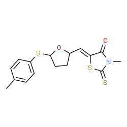 ChemSpider 2D Image | (5Z)-3-Methyl-5-({5-[(4-methylphenyl)sulfanyl]tetrahydro-2-furanyl}methylene)-2-thioxo-1,3-thiazolidin-4-one | C16H17NO2S3