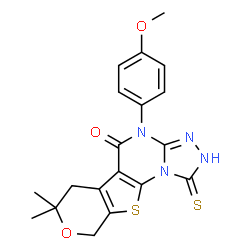ChemSpider 2D Image | 4-(4-methoxyphenyl)-7,7-dimethyl-1-sulfanyl-6,9-dihydro-7H-pyrano[4',3':4,5]thieno[3,2-e][1,2,4]triazolo[4,3-a]pyrimidin-5(4H)-one | C19H18N4O3S2