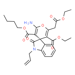 ChemSpider 2D Image | 3'-Butyl 5'-ethyl (3R)-1-allyl-2'-amino-6'-(2-ethoxy-2-oxoethyl)-2-oxo-1,2-dihydrospiro[indole-3,4'-pyran]-3',5'-dicarboxylate | C27H32N2O8